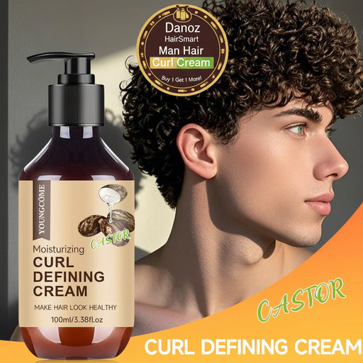 Youngome Castor Curl Defining Cream bottle with a man's head featuring curly hair.