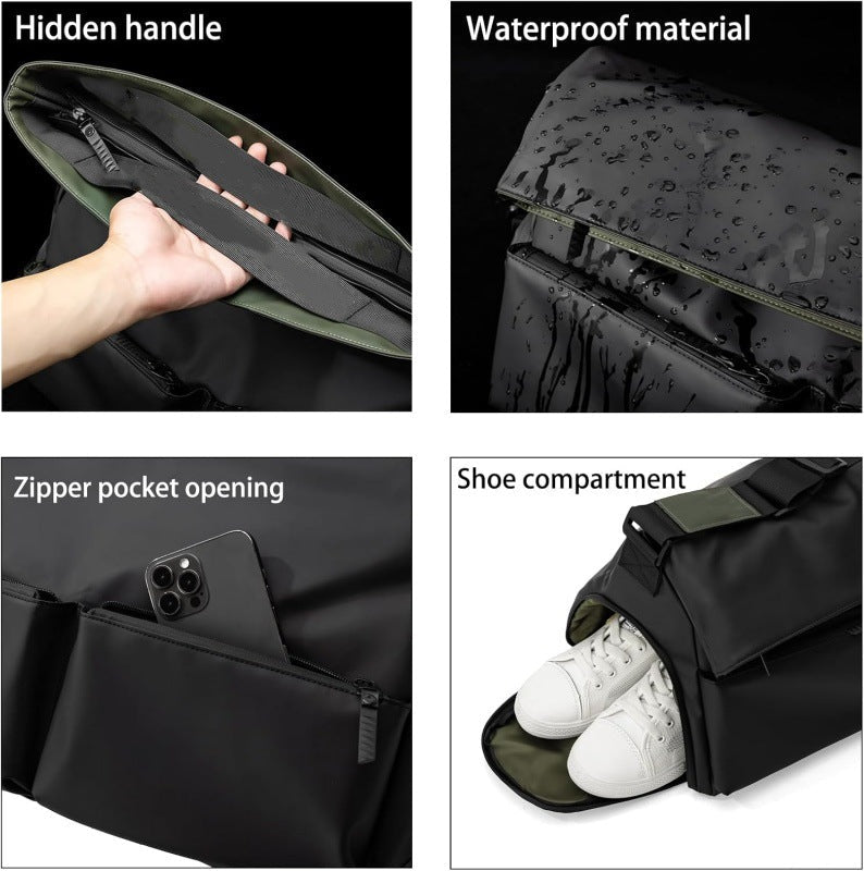 Black Large Capacity Waterproof Tote Bag - Convertible Crossbody Messenger for Gym, Travel & Work - danozdirect