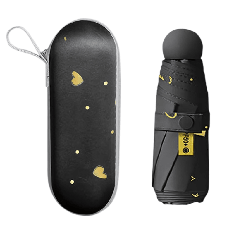 Black Ultra - Compact 5 - Fold Waterproof All - Weather Umbrella for Women - Heart Pattern, Black Glue UV Protection, 8 - Rib Frame, Portable Capsule Parasol - danozdirect