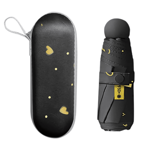 Black Ultra - Compact 5 - Fold Waterproof All - Weather Umbrella for Women - Heart Pattern, Black Glue UV Protection, 8 - Rib Frame, Portable Capsule Parasol - danozdirect