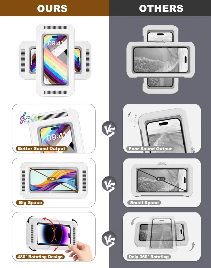 Bring your tunes and calls right into the shower with Danoz Smart Shower Phone Holder! This splash - proof, anti - fog case fits phones from 4 to 7 inches and spins a full 480 degrees - danozdirect