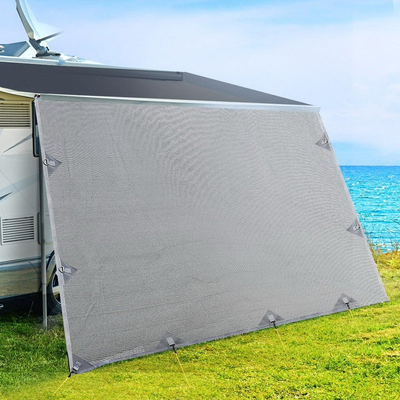 Caravan Privacy Screen Roll Out Awning 4.6x1.95M End Wall Side Sun Shade Grey - danozdirect