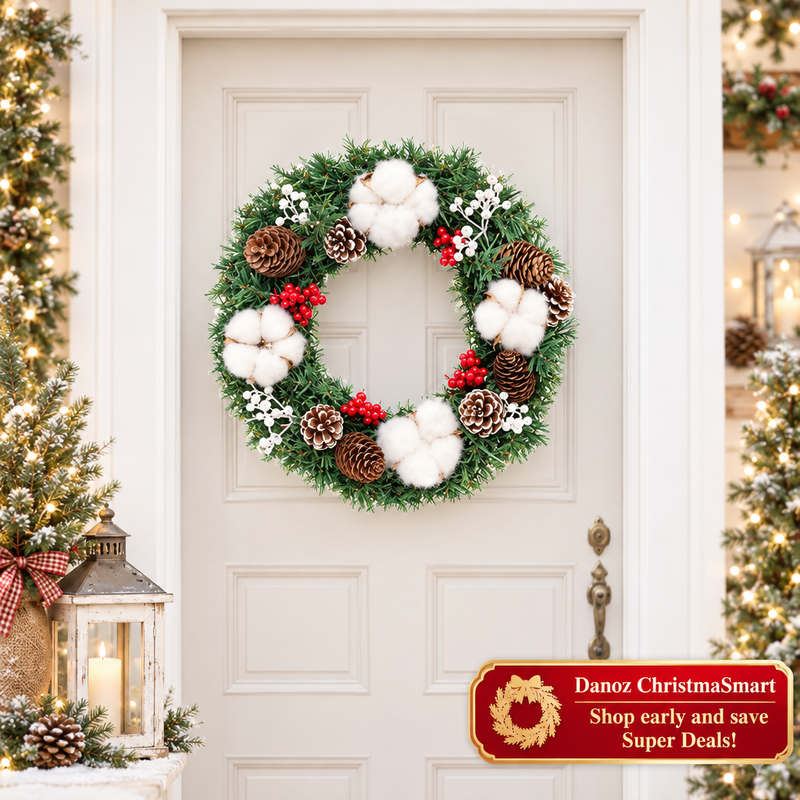 🎄 Danoz ChristmaSmart | 30cm Artificial Christmas Wreath | Pinecones, Red Berries & White Accents | Festive Door & Wall Decoration | Free Postage!