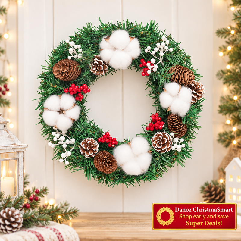 🎄 Danoz ChristmaSmart | 30cm Artificial Christmas Wreath | Pinecones, Red Berries & White Accents | Festive Door & Wall Decoration | Free Postage!