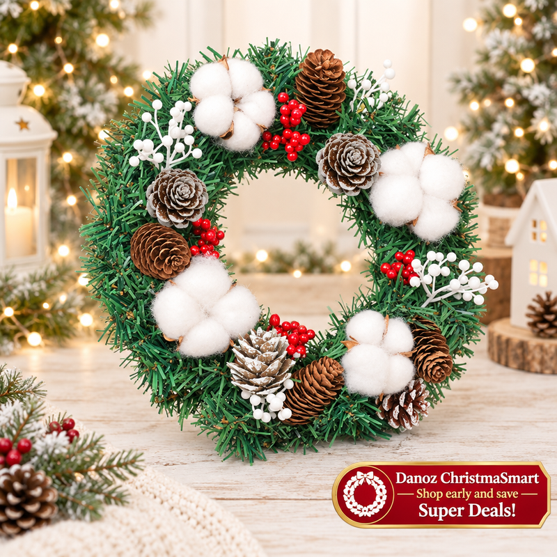 🎄 Danoz ChristmaSmart | 30cm Artificial Christmas Wreath | Pinecones, Red Berries & White Accents | Festive Door & Wall Decoration | Free Postage!