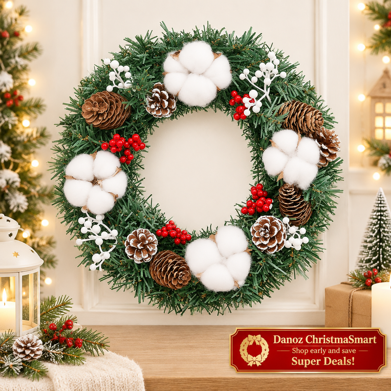🎄 Danoz ChristmaSmart | 30cm Artificial Christmas Wreath | Pinecones, Red Berries & White Accents | Festive Door & Wall Decoration | Free Postage!