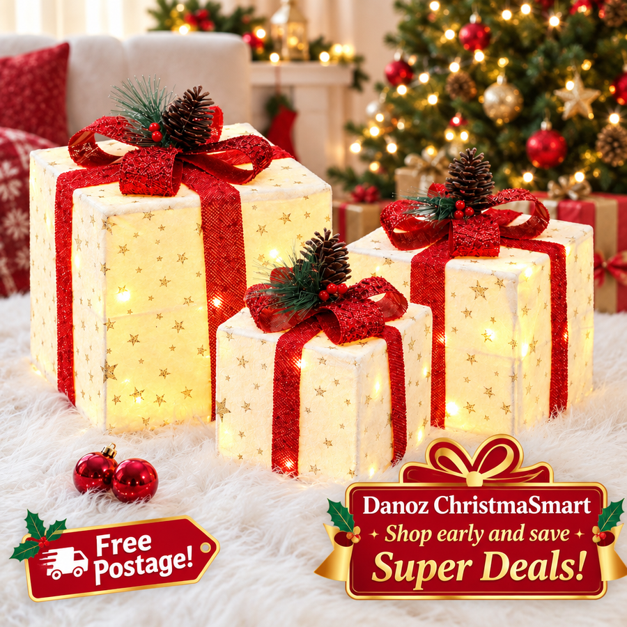 🎁 Danoz ChristmaSmart | Jingle Jollys Lighted Gift Boxes | 3-Piece Set | 48 Warm White LEDs & 8 Lighting Modes | Free Postage!