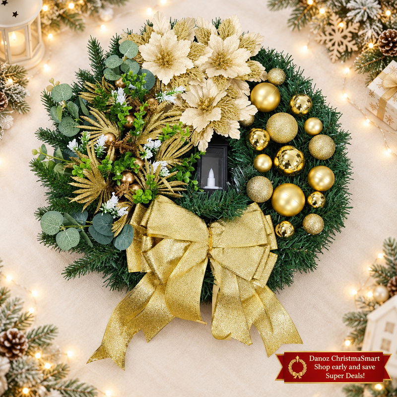 🎄 Danoz ChristmaSmart | 30cm Gold Christmas Wreath with LED Lights | Floral Accents, Baubles & Bow | Festive Door Decoration | Free Postage!