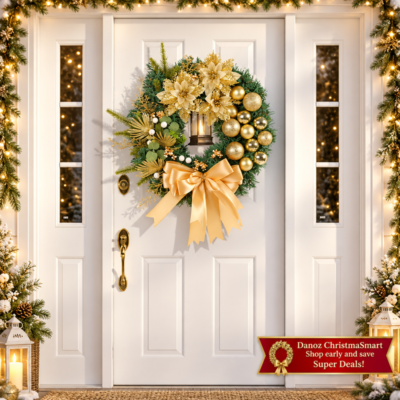 🎄 Danoz ChristmaSmart | 30cm Gold Christmas Wreath with LED Lights | Floral Accents, Baubles & Bow | Festive Door Decoration | Free Postage!