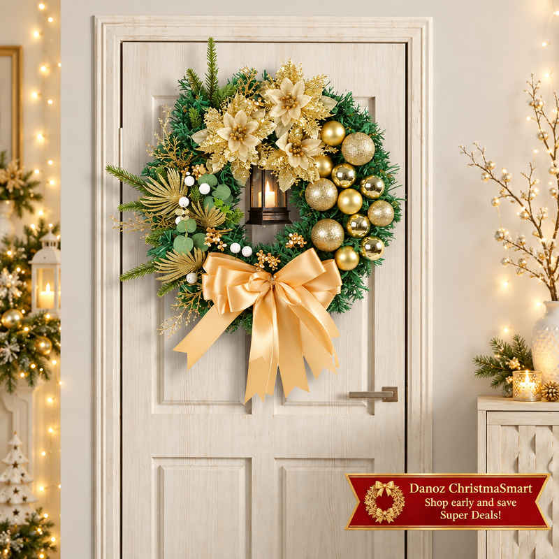 🎄 Danoz ChristmaSmart | 30cm Gold Christmas Wreath with LED Lights | Floral Accents, Baubles & Bow | Festive Door Decoration | Free Postage!