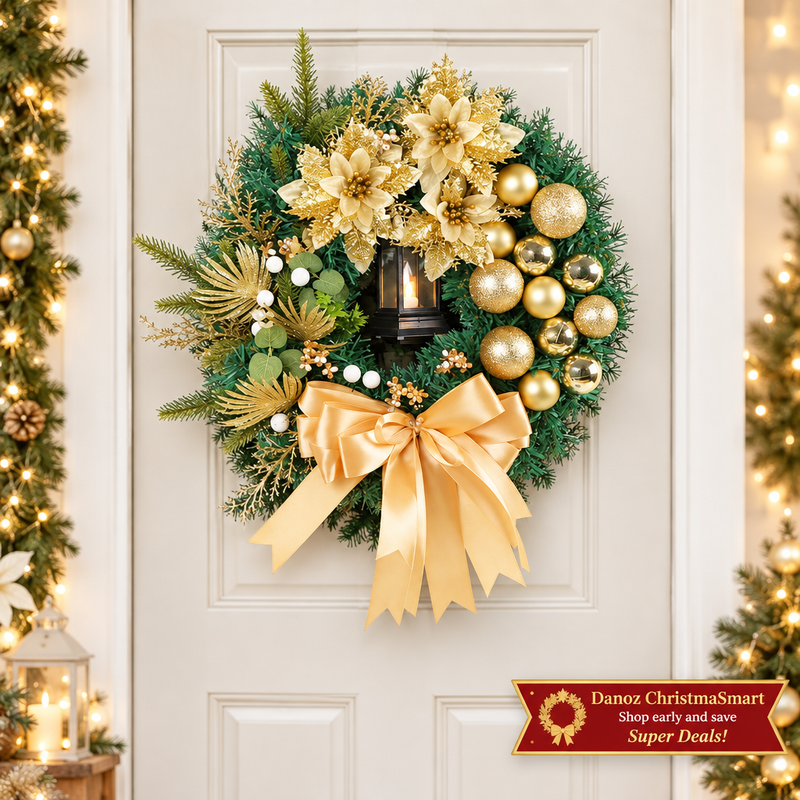 🎄 Danoz ChristmaSmart | 30cm Gold Christmas Wreath with LED Lights | Floral Accents, Baubles & Bow | Festive Door Decoration | Free Postage!