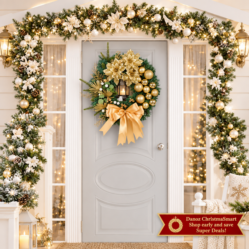 🎄 Danoz ChristmaSmart | 30cm Gold Christmas Wreath with LED Lights | Floral Accents, Baubles & Bow | Festive Door Decoration | Free Postage!