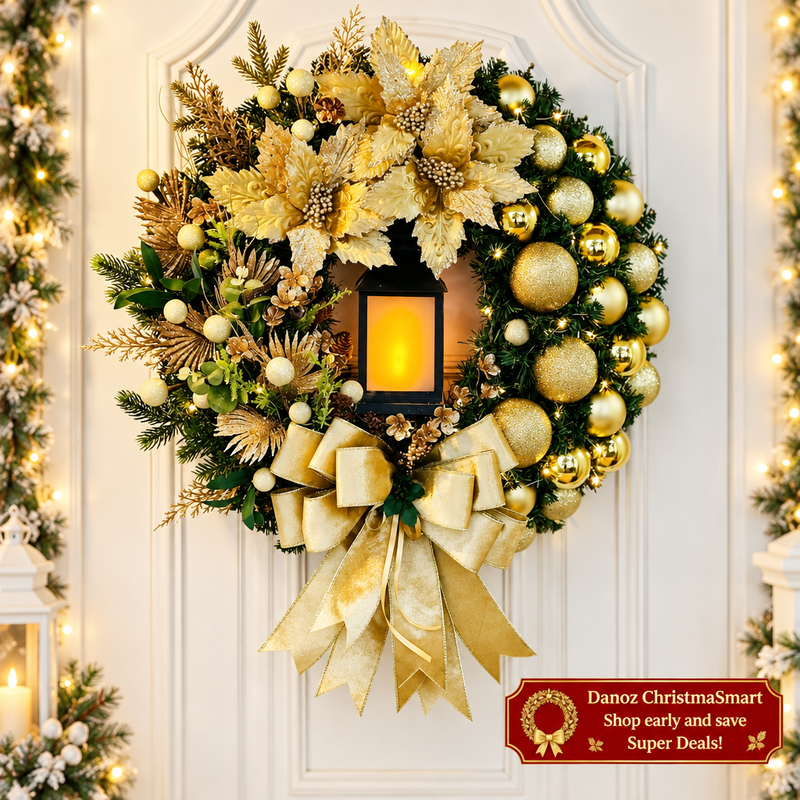 🎄 Danoz ChristmaSmart | 30cm Gold Christmas Wreath with LED Lights | Floral Accents, Baubles & Bow | Festive Door Decoration | Free Postage!