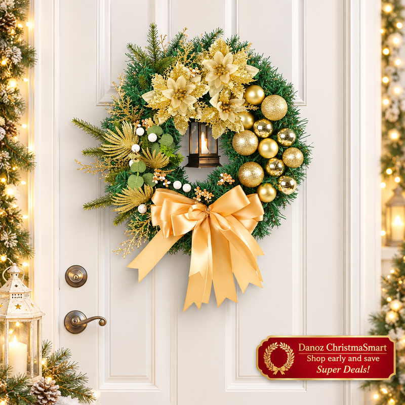 🎄 Danoz ChristmaSmart | 30cm Gold Christmas Wreath with LED Lights | Floral Accents, Baubles & Bow | Festive Door Decoration | Free Postage!