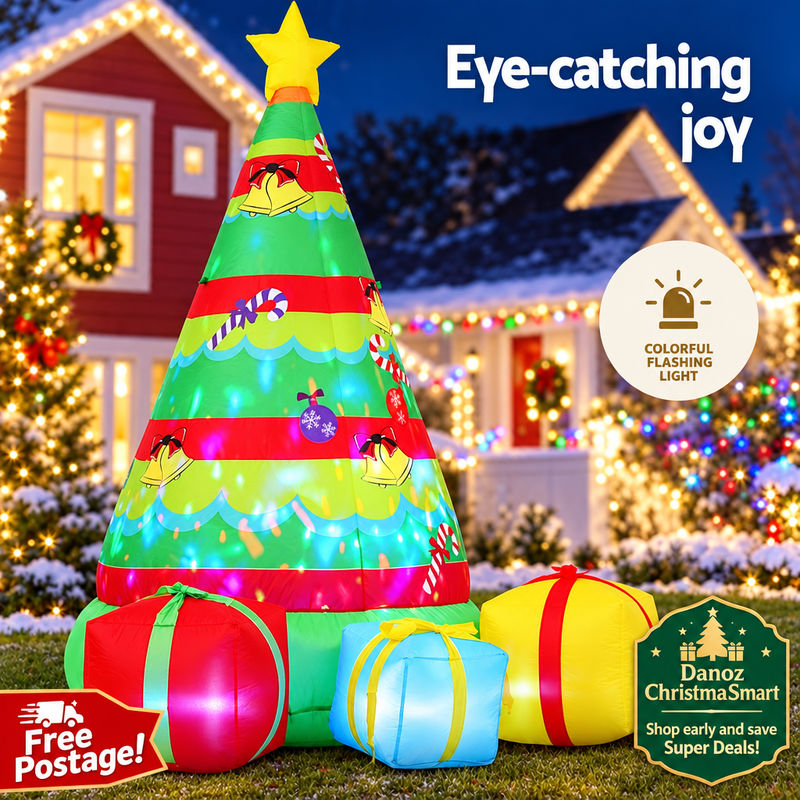 🎄 Danoz ChristmaSmart | Jingle Jollys 2.2m Inflatable Christmas Tree & Gifts | Colourful Flashing Lights & Built-In Blower | Free Postage!