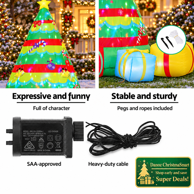 🎄 Danoz ChristmaSmart | Jingle Jollys 2.2m Inflatable Christmas Tree & Gifts | Colourful Flashing Lights & Built-In Blower | Free Postage!