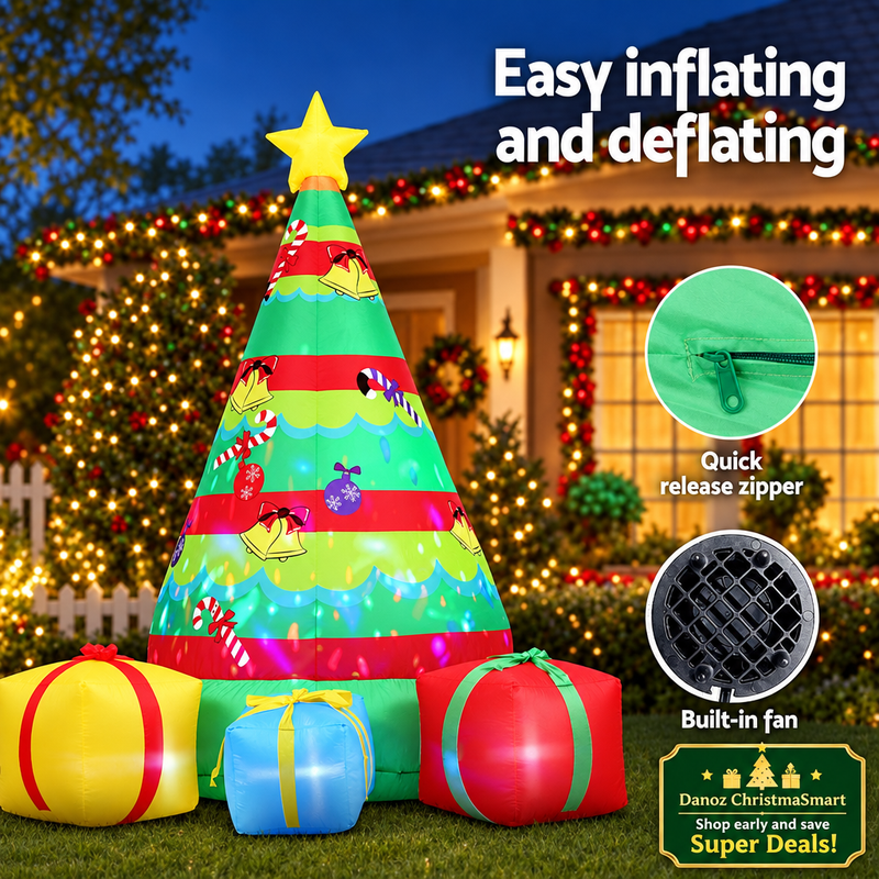🎄 Danoz ChristmaSmart | Jingle Jollys 2.2m Inflatable Christmas Tree & Gifts | Colourful Flashing Lights & Built-In Blower | Free Postage!