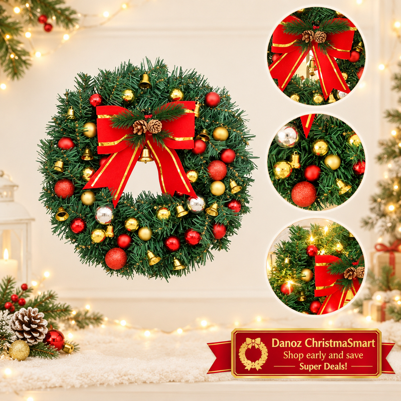 🎄 Danoz ChristmaSmart | 30cm Christmas Wreath with LED Lights | Red Bow, Baubles & Bells | Battery-Powered Festive Decoration | Free Postage!