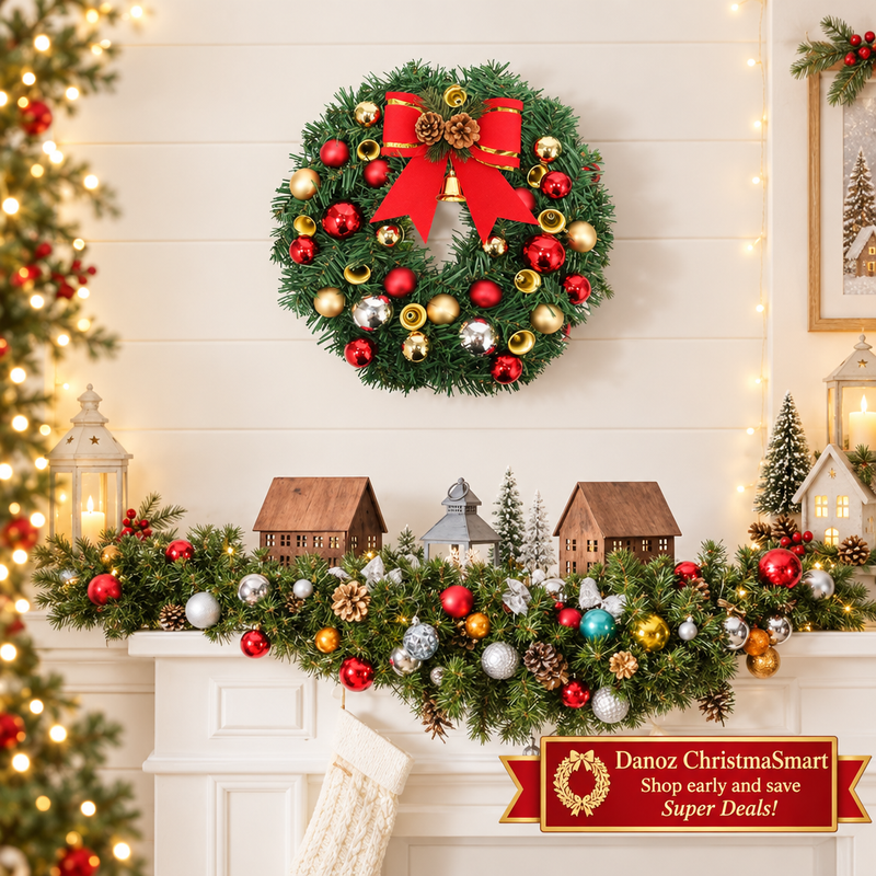 🎄 Danoz ChristmaSmart | 30cm Christmas Wreath with LED Lights | Red Bow, Baubles & Bells | Battery-Powered Festive Decoration | Free Postage!