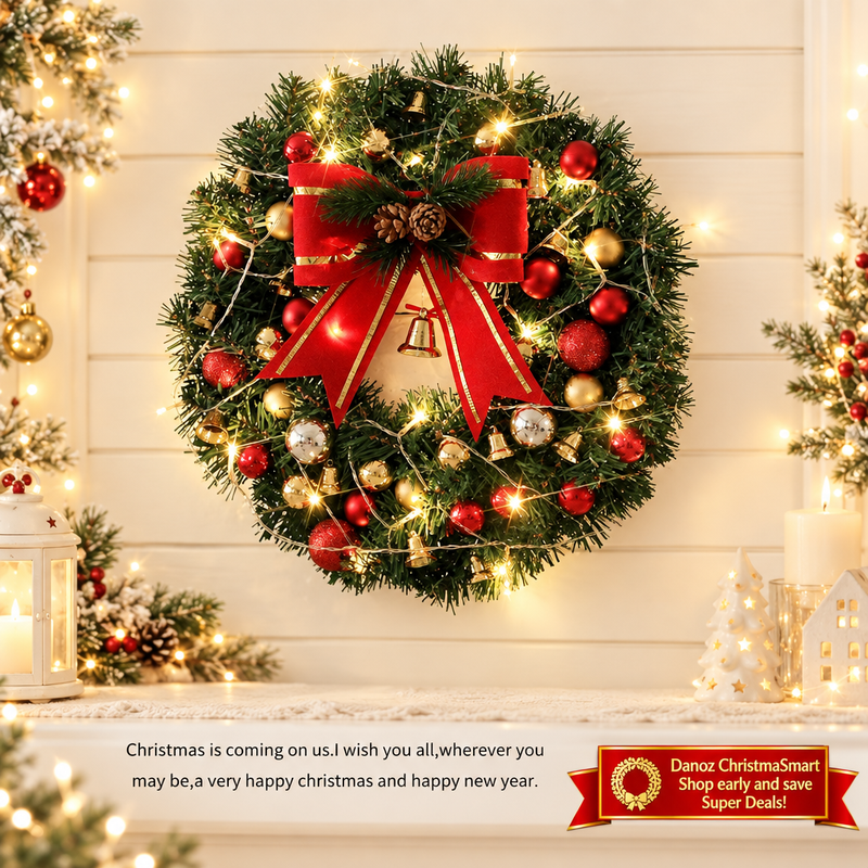 🎄 Danoz ChristmaSmart | 30cm Christmas Wreath with LED Lights | Red Bow, Baubles & Bells | Battery-Powered Festive Decoration | Free Postage!