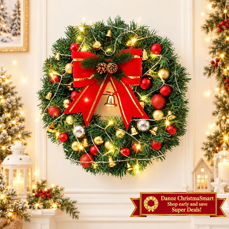 🎄 Danoz ChristmaSmart | 30cm Christmas Wreath with LED Lights | Red Bow, Baubles & Bells | Battery-Powered Festive Decoration | Free Postage!