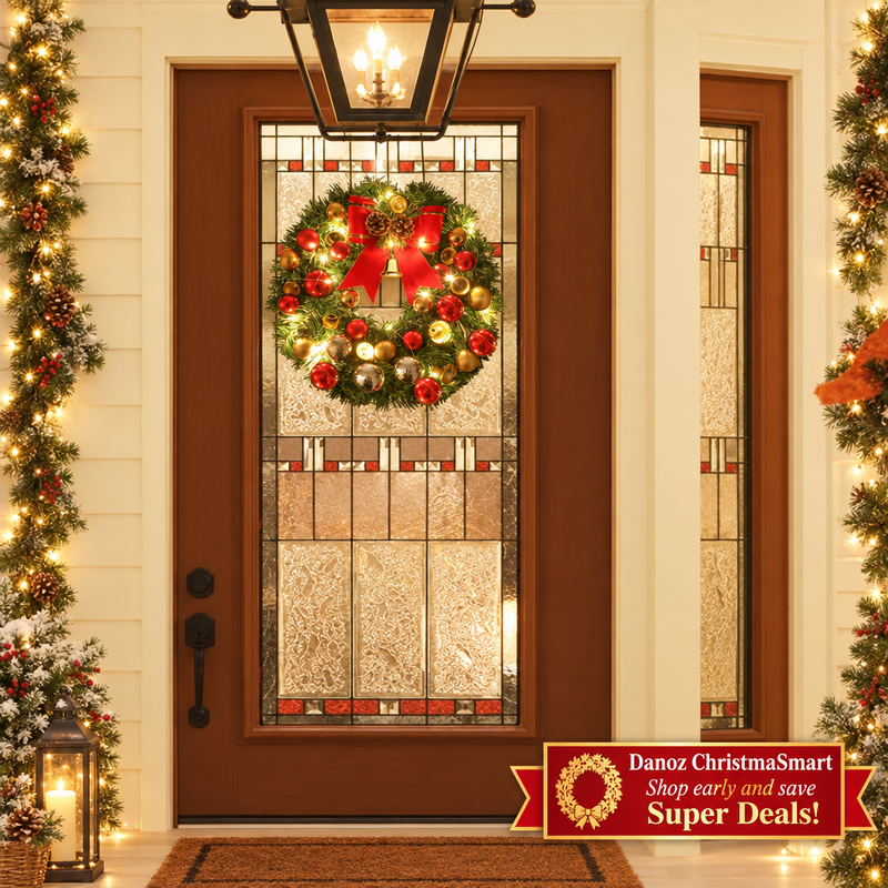 🎄 Danoz ChristmaSmart | 30cm Christmas Wreath with LED Lights | Red Bow, Baubles & Bells | Battery-Powered Festive Decoration | Free Postage!
