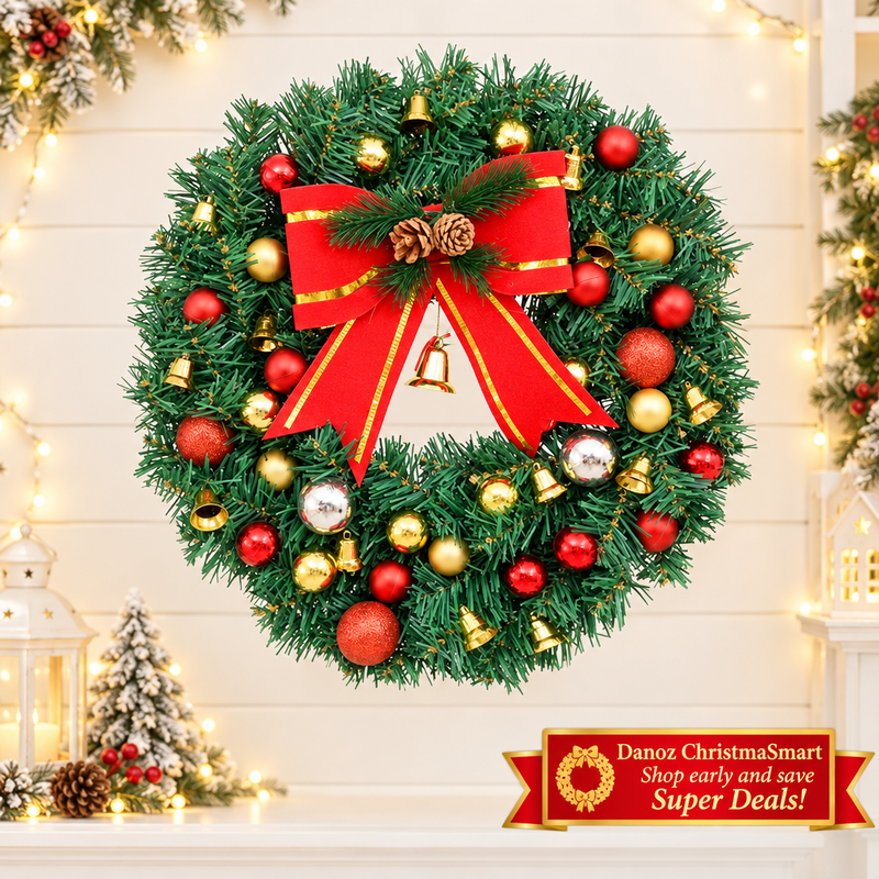 🎄 Danoz ChristmaSmart | 30cm Christmas Wreath with LED Lights | Red Bow, Baubles & Bells | Battery-Powered Festive Decoration | Free Postage!