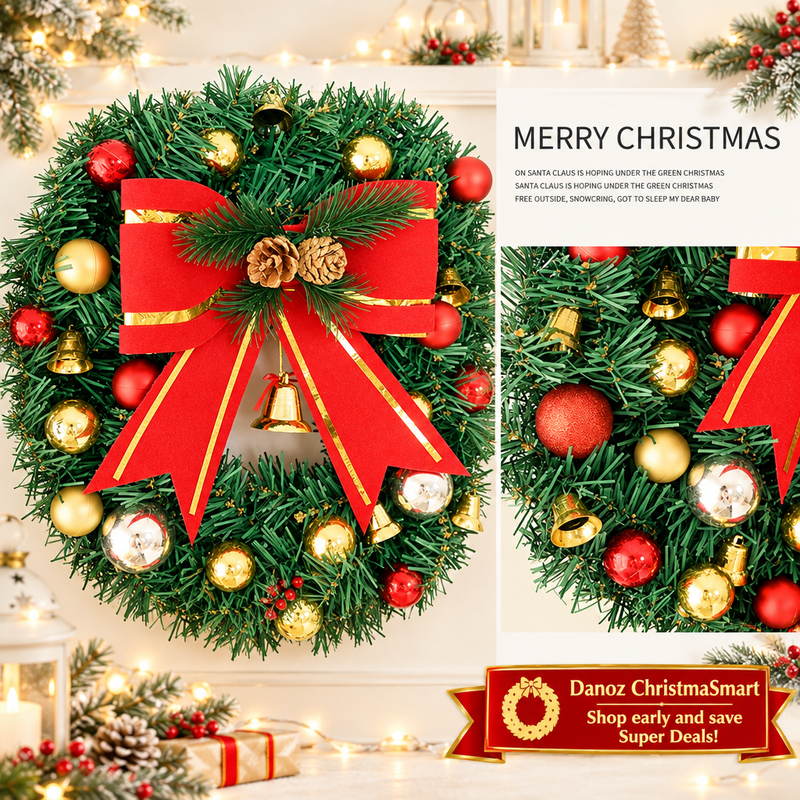 🎄 Danoz ChristmaSmart | 30cm Christmas Wreath with LED Lights | Red Bow, Baubles & Bells | Battery-Powered Festive Decoration | Free Postage!
