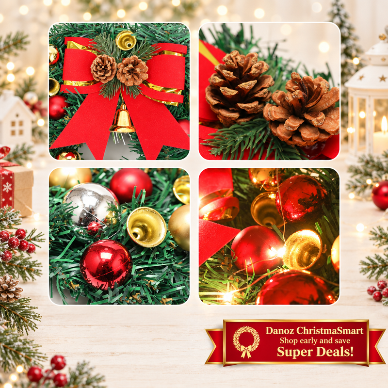🎄 Danoz ChristmaSmart | 30cm Christmas Wreath with LED Lights | Red Bow, Baubles & Bells | Battery-Powered Festive Decoration | Free Postage!