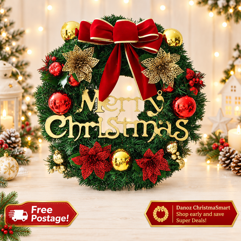 🎄 Danoz ChristmaSmart | 40cm Merry Christmas Wreath | Red Bow, Gold Lettering & Festive Baubles | Artificial Door & Wall Decoration | Free Postage!