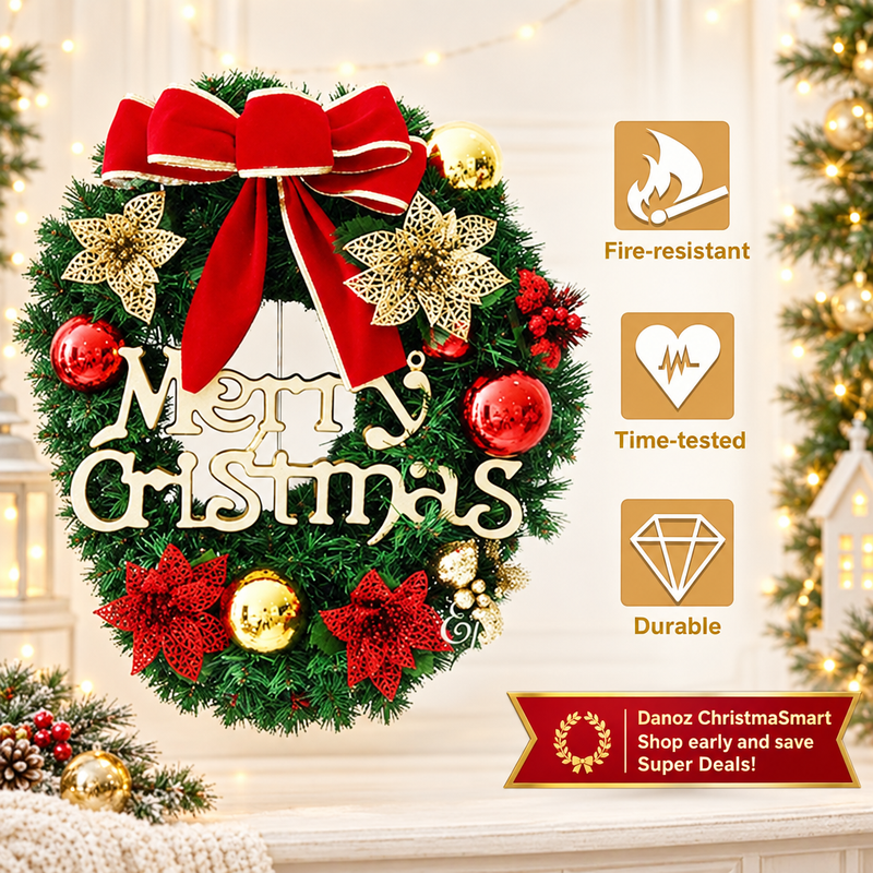 🎄 Danoz ChristmaSmart | 40cm Merry Christmas Wreath | Red Bow, Gold Lettering & Festive Baubles | Artificial Door & Wall Decoration | Free Postage!