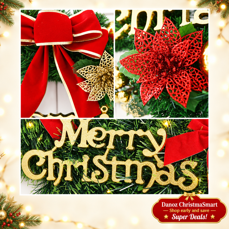 🎄 Danoz ChristmaSmart | 40cm Merry Christmas Wreath | Red Bow, Gold Lettering & Festive Baubles | Artificial Door & Wall Decoration | Free Postage!