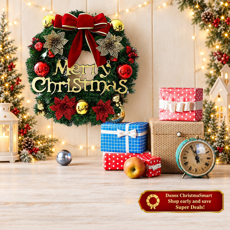 🎄 Danoz ChristmaSmart | 40cm Merry Christmas Wreath | Red Bow, Gold Lettering & Festive Baubles | Artificial Door & Wall Decoration | Free Postage!