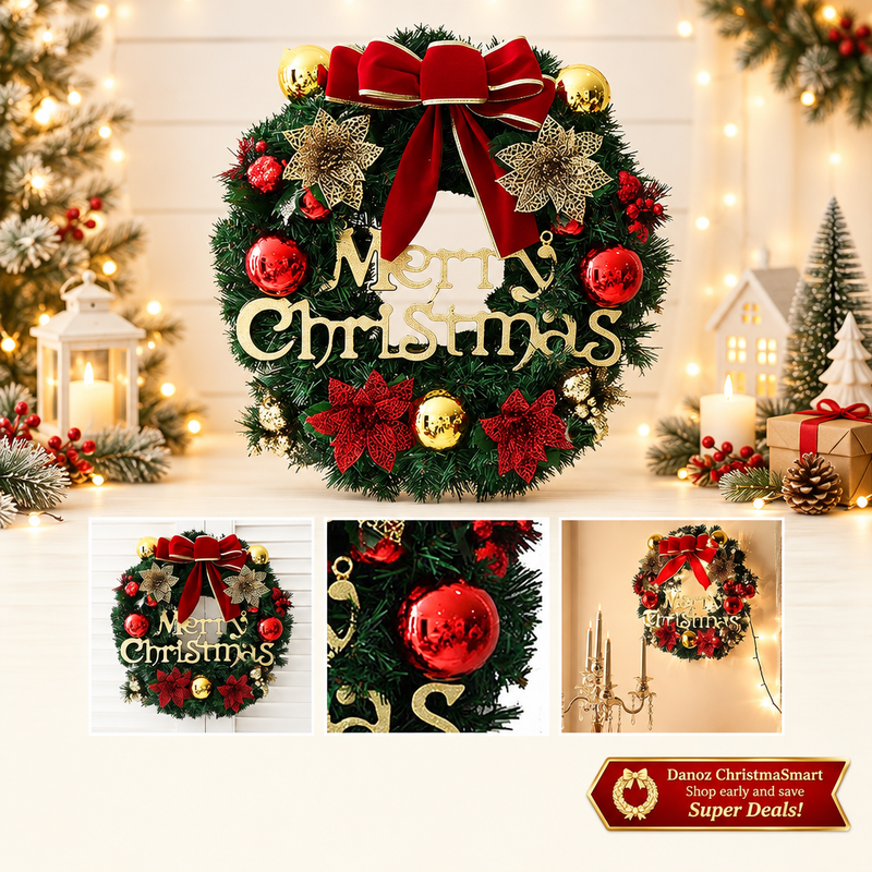 🎄 Danoz ChristmaSmart | 40cm Merry Christmas Wreath | Red Bow, Gold Lettering & Festive Baubles | Artificial Door & Wall Decoration | Free Postage!