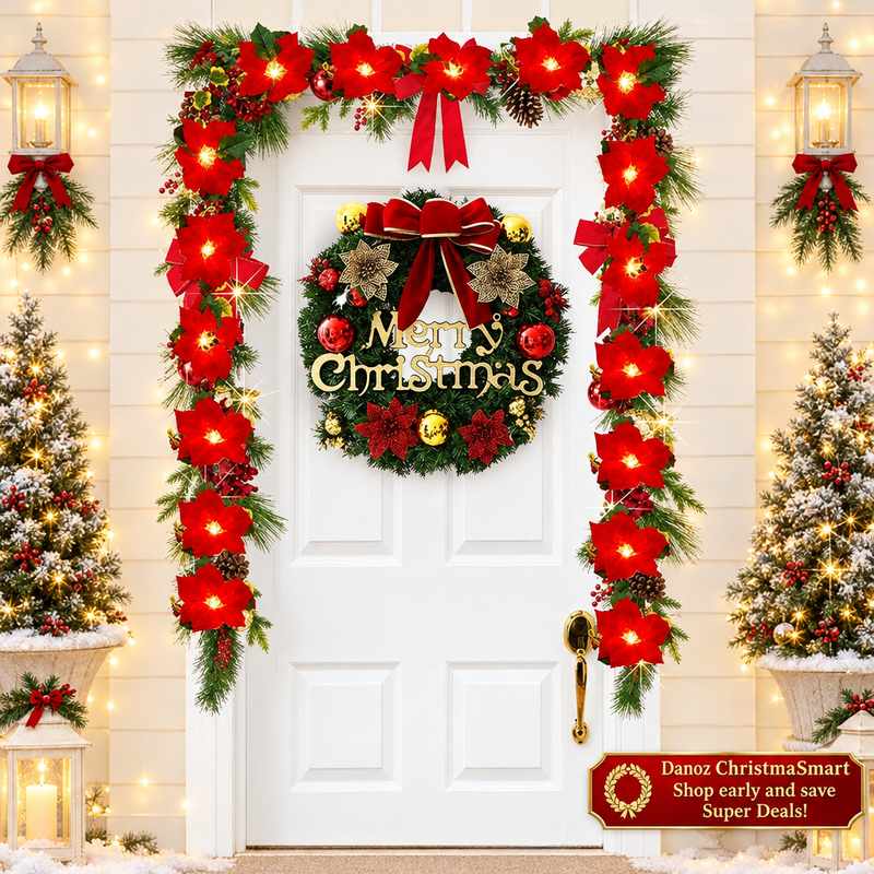 🎄 Danoz ChristmaSmart | 40cm Merry Christmas Wreath | Red Bow, Gold Lettering & Festive Baubles | Artificial Door & Wall Decoration | Free Postage!