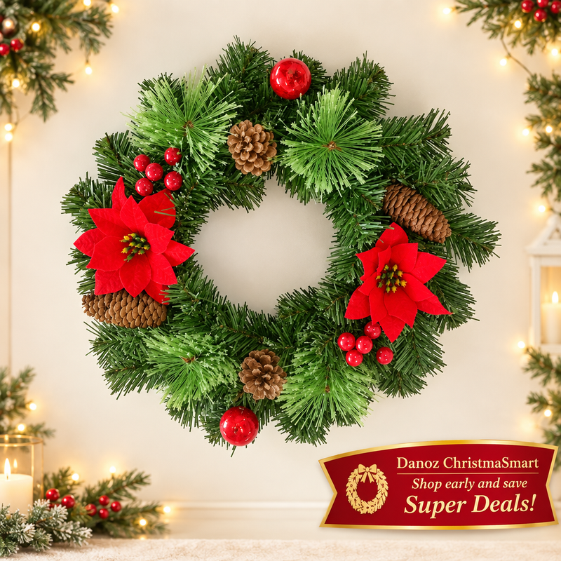 🎄 Danoz ChristmaSmart | 30cm Artificial Christmas Wreath | Red Poinsettias, Pinecones & Baubles | Festive Door & Wall Decoration | Free Postage!