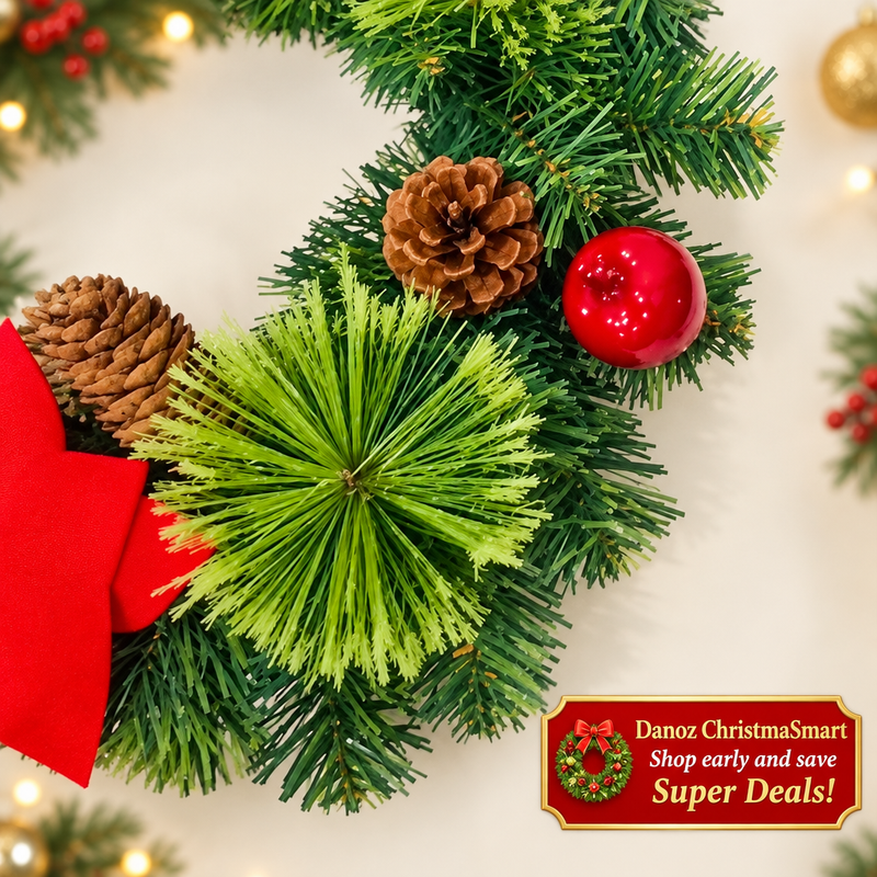 🎄 Danoz ChristmaSmart | 30cm Artificial Christmas Wreath | Red Poinsettias, Pinecones & Baubles | Festive Door & Wall Decoration | Free Postage!
