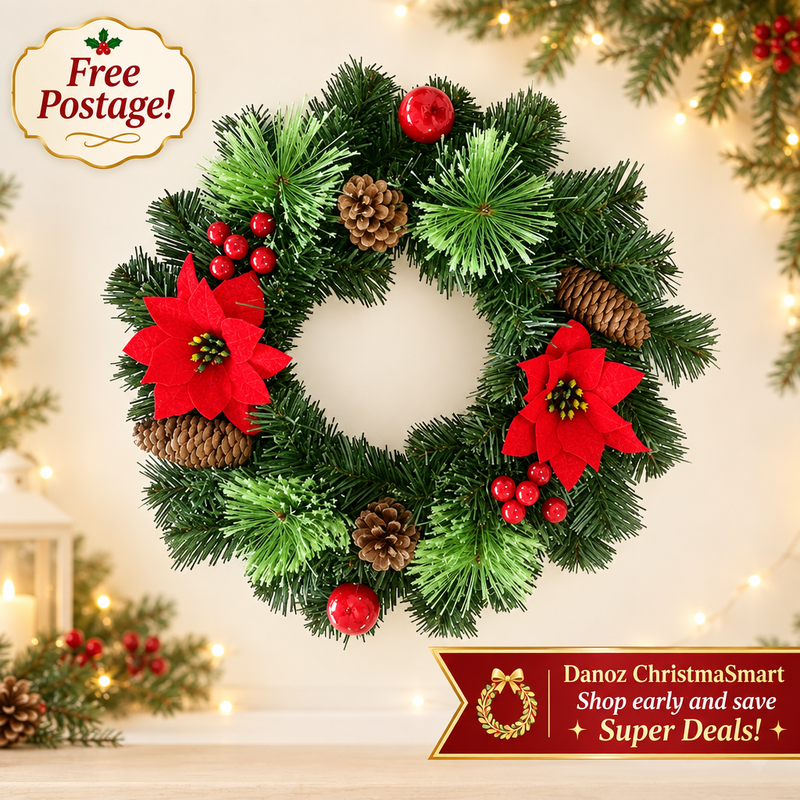🎄 Danoz ChristmaSmart | 30cm Artificial Christmas Wreath | Red Poinsettias, Pinecones & Baubles | Festive Door & Wall Decoration | Free Postage!