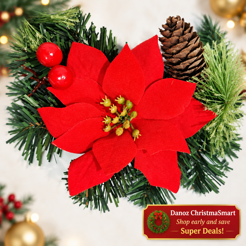 🎄 Danoz ChristmaSmart | 30cm Artificial Christmas Wreath | Red Poinsettias, Pinecones & Baubles | Festive Door & Wall Decoration | Free Postage!