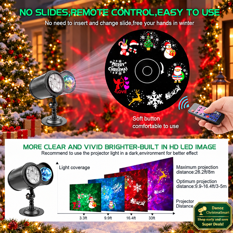 🎄 Danoz ChristmaSmart | Dual-Lens LED Projection Light | Water Ripple Effects & Festive Patterns | Remote Control, Stake or Base Mount | Free Postage!