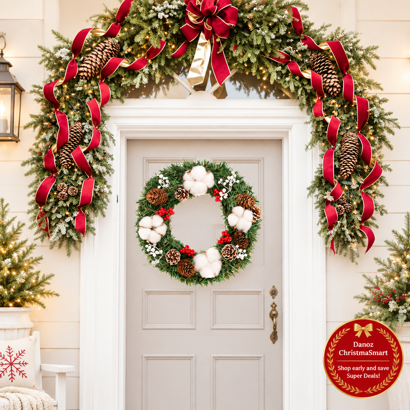 🎄 Danoz ChristmaSmart | 30cm Artificial Christmas Wreath | Pinecones, Red Berries & Ribbon Accents | Festive Door & Wall Decoration | Free Postage!