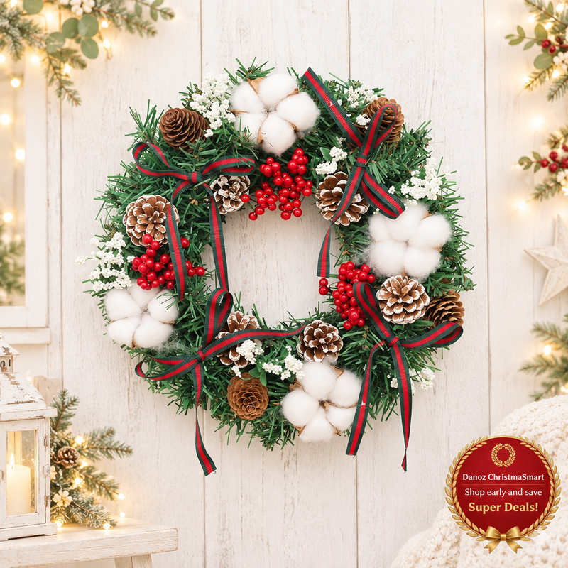 🎄 Danoz ChristmaSmart | 30cm Artificial Christmas Wreath | Pinecones, Red Berries & Ribbon Accents | Festive Door & Wall Decoration | Free Postage!