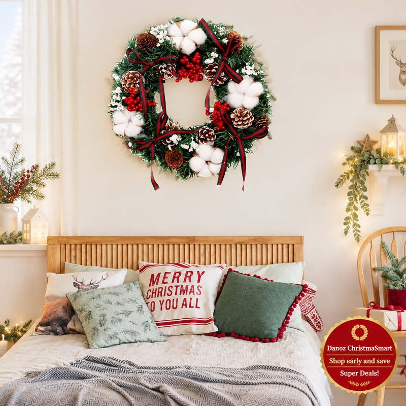 🎄 Danoz ChristmaSmart | 30cm Artificial Christmas Wreath | Pinecones, Red Berries & Ribbon Accents | Festive Door & Wall Decoration | Free Postage!