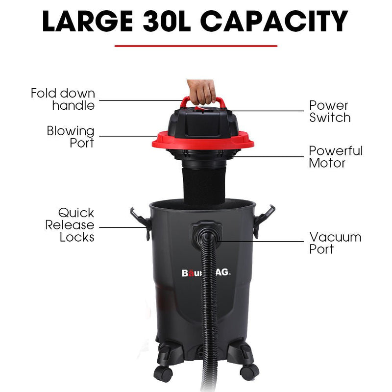 Clean your car, workshop, and carpets with Danoz Direct - Baumr - AG 30L 1200W Wet and Dry Vacuum Cleaner. With a built - in blower - danozdirect