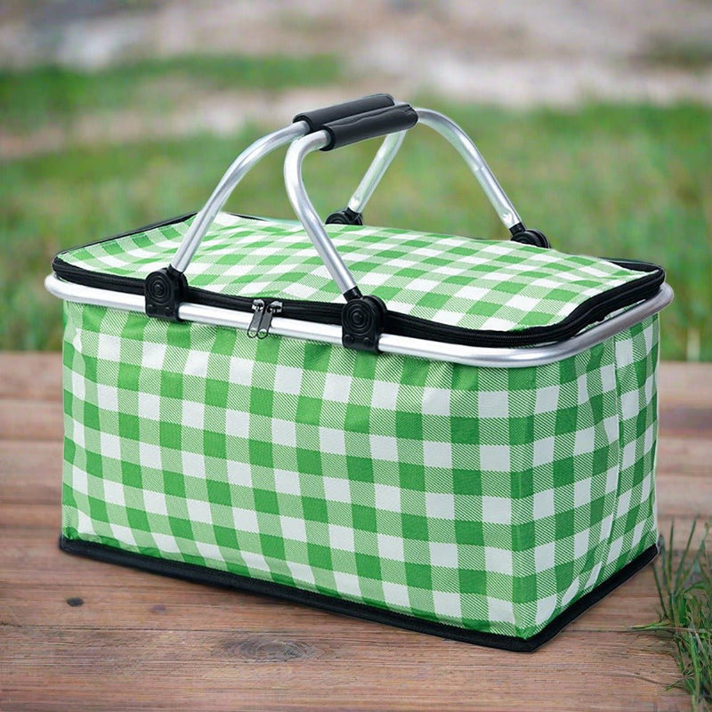 Collapsible Outdoor Camping Portable Insulated Picnic Basket Camping Picnic Ice Pack(Green Grid) - danozdirect