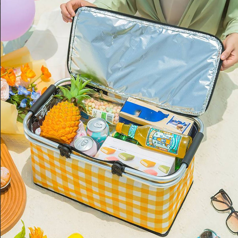 Collapsible Outdoor Camping Portable Insulated Picnic Basket Camping Picnic Ice Pack(Red Grid) - danozdirect