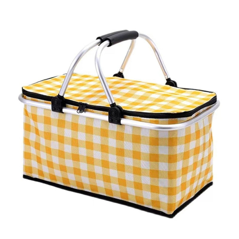 Collapsible Outdoor Camping Portable Insulated Picnic Basket Camping Picnic Ice Pack(Yellow Grid) - danozdirect