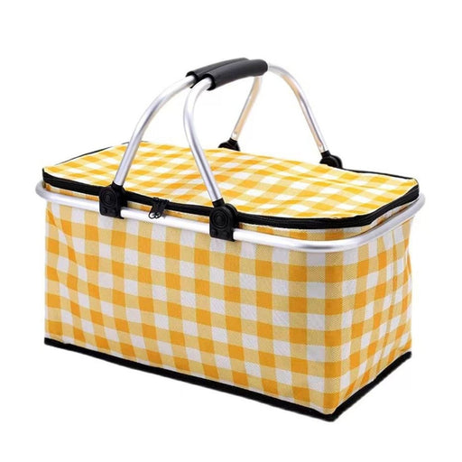 Collapsible Outdoor Camping Portable Insulated Picnic Basket Camping Picnic Ice Pack(Yellow Grid) - danozdirect