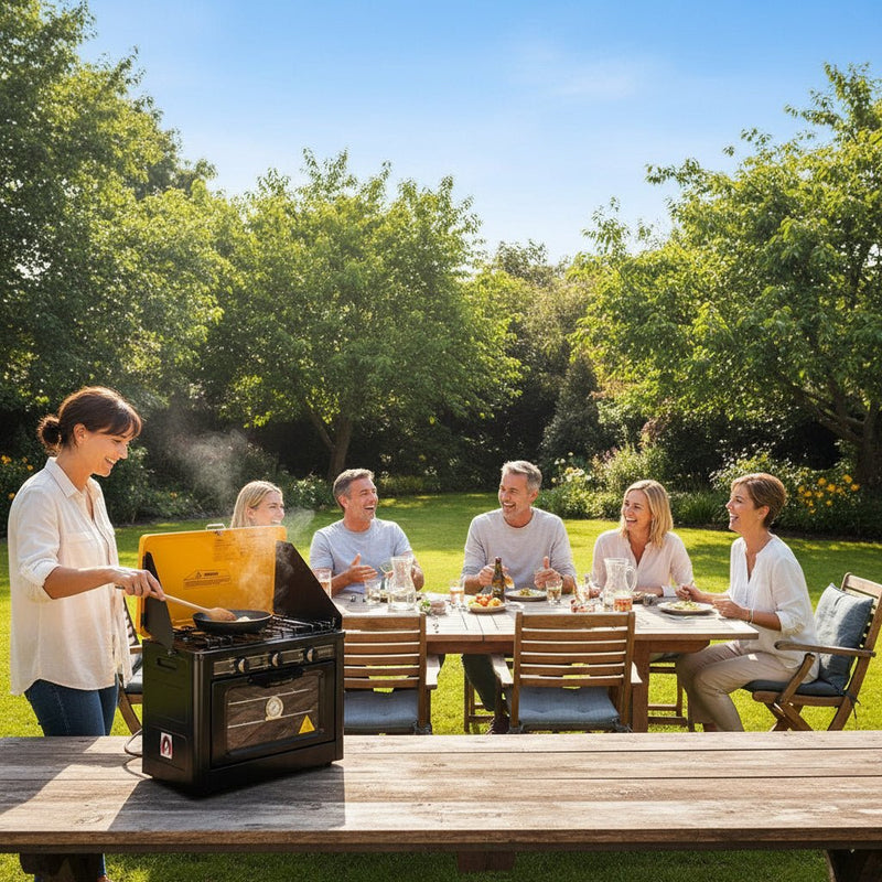 Convenience cooking outdoors with Danoz Kitchen 🧑‍🍳🥘 Devanti Portable Gas Oven. LPG oven/cooktop, For camping, picnics, and outdoor events - danozdirect