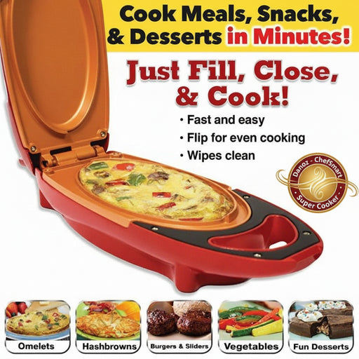 Red and orange appliance for cooking meals, snacks, and desserts with text on a white background.